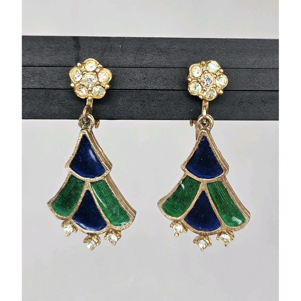 Vintage Signed Weiss Enamel Fan Clip-on Earrings Blue Green Gold-Tone 1950s